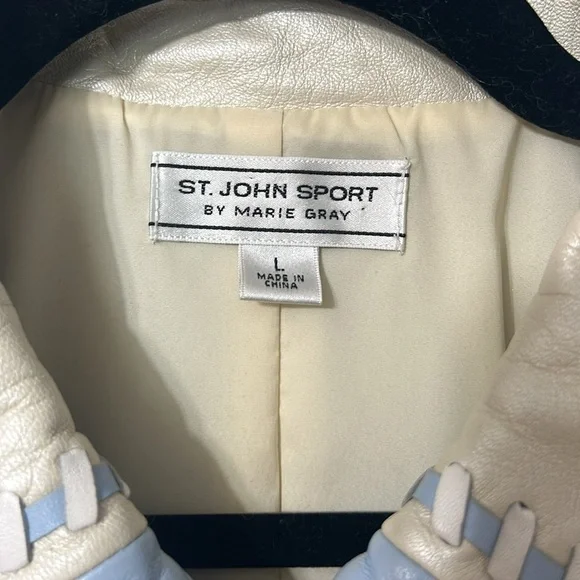 ST JOHN SPORT LEATHER PEARL &LIGHT BLUE JACKET LARGE - Picture 3 of 9